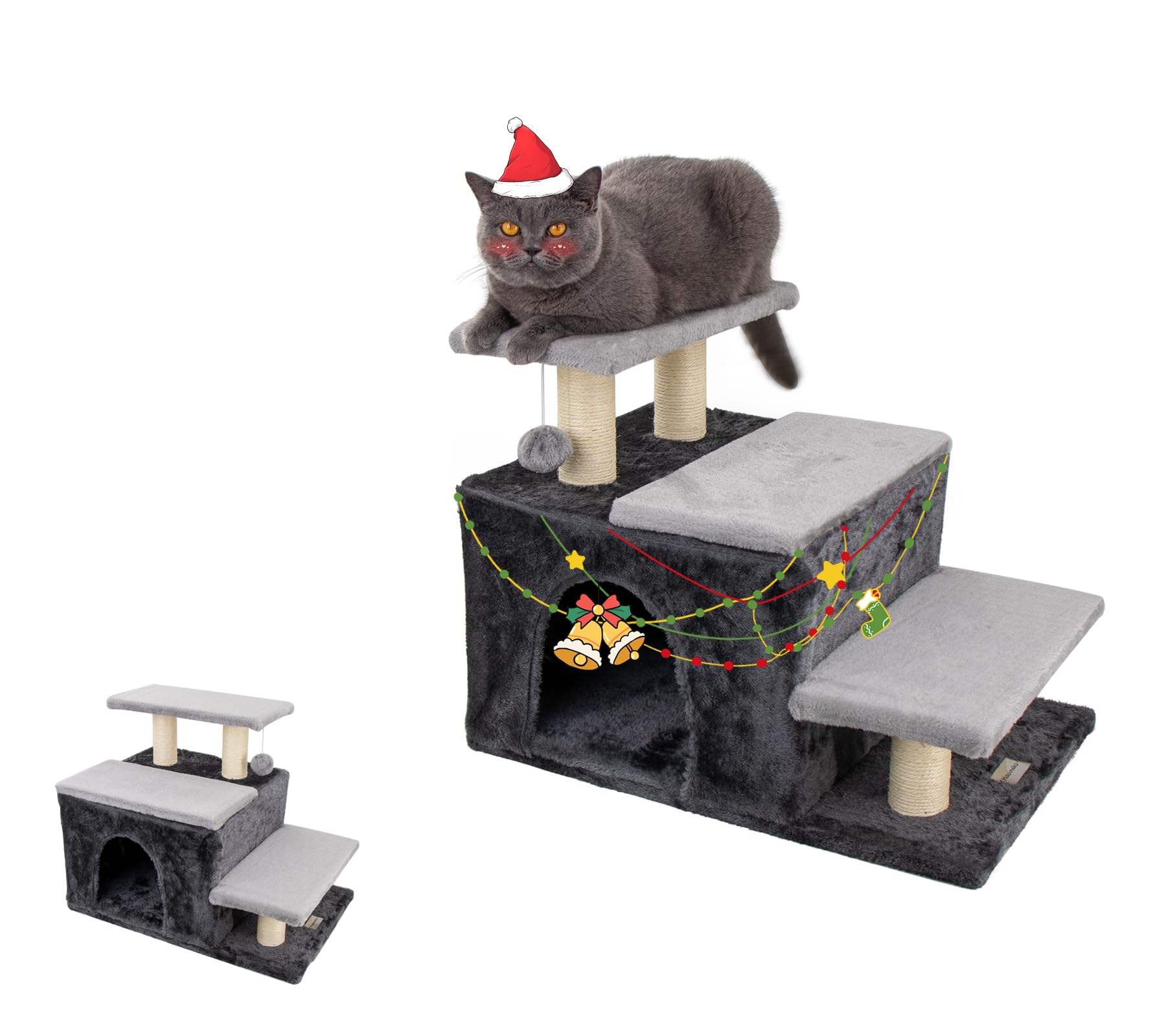 3-in-1 Pet Stairs for Cats for High Bed, Adjustable Dog Steps, Modular 3-Tier, Cushioned Steps & Big Cat Condo, Adjustable Entrance, Dangling Ball, for Kittens, Senior & Fat Cats (Grey, Large)