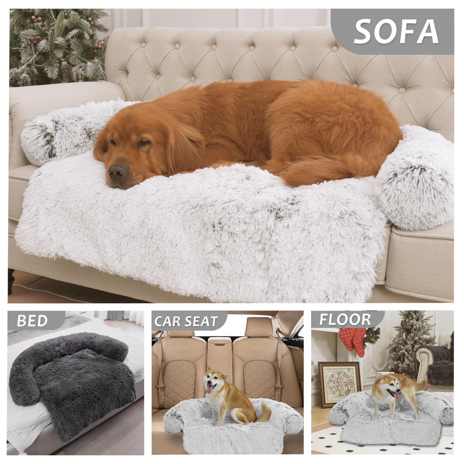 Tinaco Calming Dogs/Cats Bed Mats, Dog Pad Washable Removable Couch Cover, Plush Long Fur Mat for Pets, Waterproof Lining, Perfect for Small, Medium and Large Dogs and Cats (Light Gray, 53"x39")