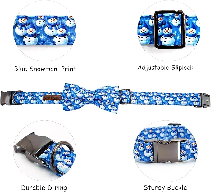 Bobo Rainbow Christmas Dog Collar, Cotton Winter Dog Collars with Bow Cute Blue Snowman Pet Collar Removable Blue White Winter Pet Collars with Metal Buckle for X-Small Girl and Boy Dogs