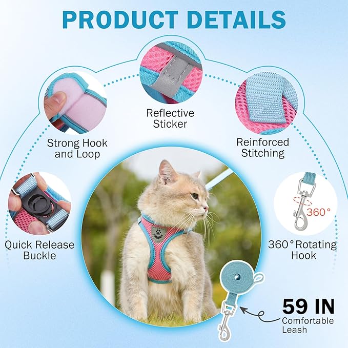SCENEREAL Cat Harness and Leash Set Escape Proof, Adjustable Soft Air Mesh Kitten Harnesses for Girls Boys Small Medium Big Cats, Reflective Light Travel Pet Walking Vest for Puppy Rabbit, Pink XL