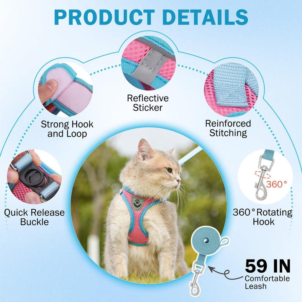 SCENEREAL Cat Harness and Leash Set Escape Proof, Adjustable Soft Air Mesh Kitten Harnesses for Girls Boys Small Medium Big Cats, Reflective Light Travel Pet Walking Vest for Puppy Rabbit, Pink L