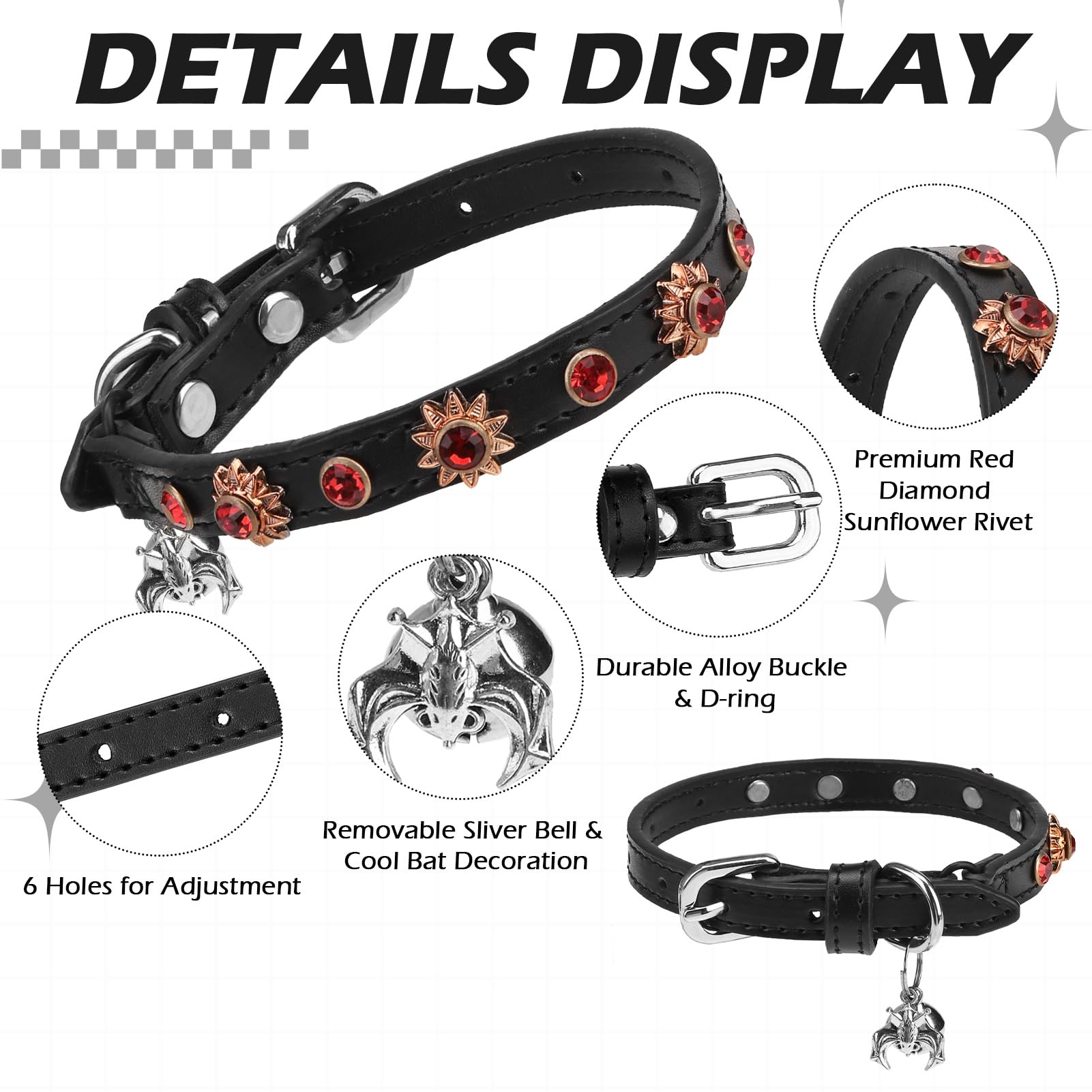 EXPAWLORER Leather Cat Collar for Girl Boy Cats,Black(Diamond Sunflower)