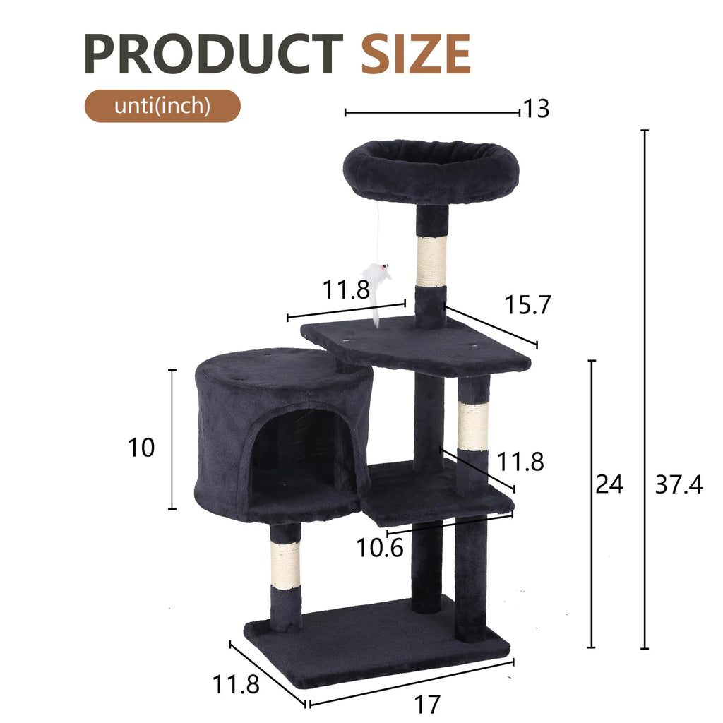 FDW | 36" Cat Tree Tower | Dark Gray | Multi-Level Indoor Activity Center with Sisal Scratching Posts, Condos, Plush Perches, Hanging Cat Toys | Sturdy, Easy to Assemble | for Kittens & Adult Cats
