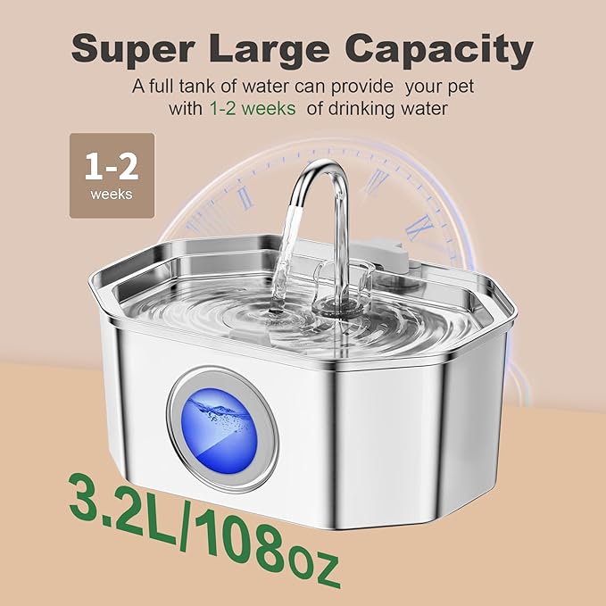 Cat Water Fountain, Apauk 108oz/3.2L Silent cat Water Fountain Stainless Steel, Cat Fountain, Automatic Pet Water Fountain,Dog Bowl, Controllable Blue Light - (2 Filters& 2 Sponges)