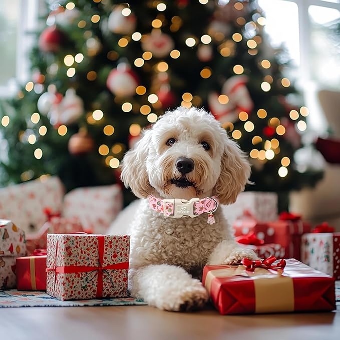 Babole Pet Christmas Dog Collar - Cute Pink Cozy Christmas Puppy Collar with Safety Buckle, Soft Adjustable Holiday Dog Collars for Small Medium Large Dogs M