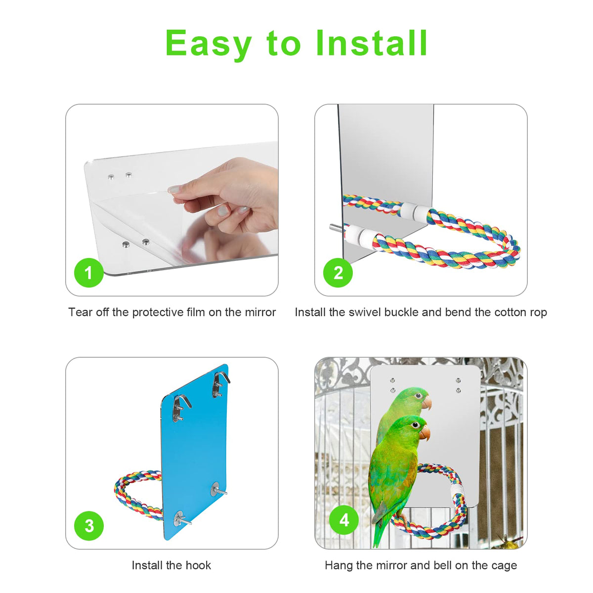 LOPERDEVE 10.6" Bird Mirror with Rope Perch Bird Toys Swing, Comfy Perch for Greys Amazons Parakeet Cockatiel Conure Lovebirds Finch Canaries