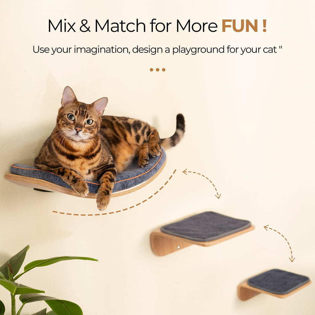 Cat Wall Shelves for Cat Wall Steps, Perch, Ladder, Wooden Floating Modern Mounted Space Saving Furniture with Scratching Cushion Removal Cover for Climbing, Jumping and Sleeping(Combo)