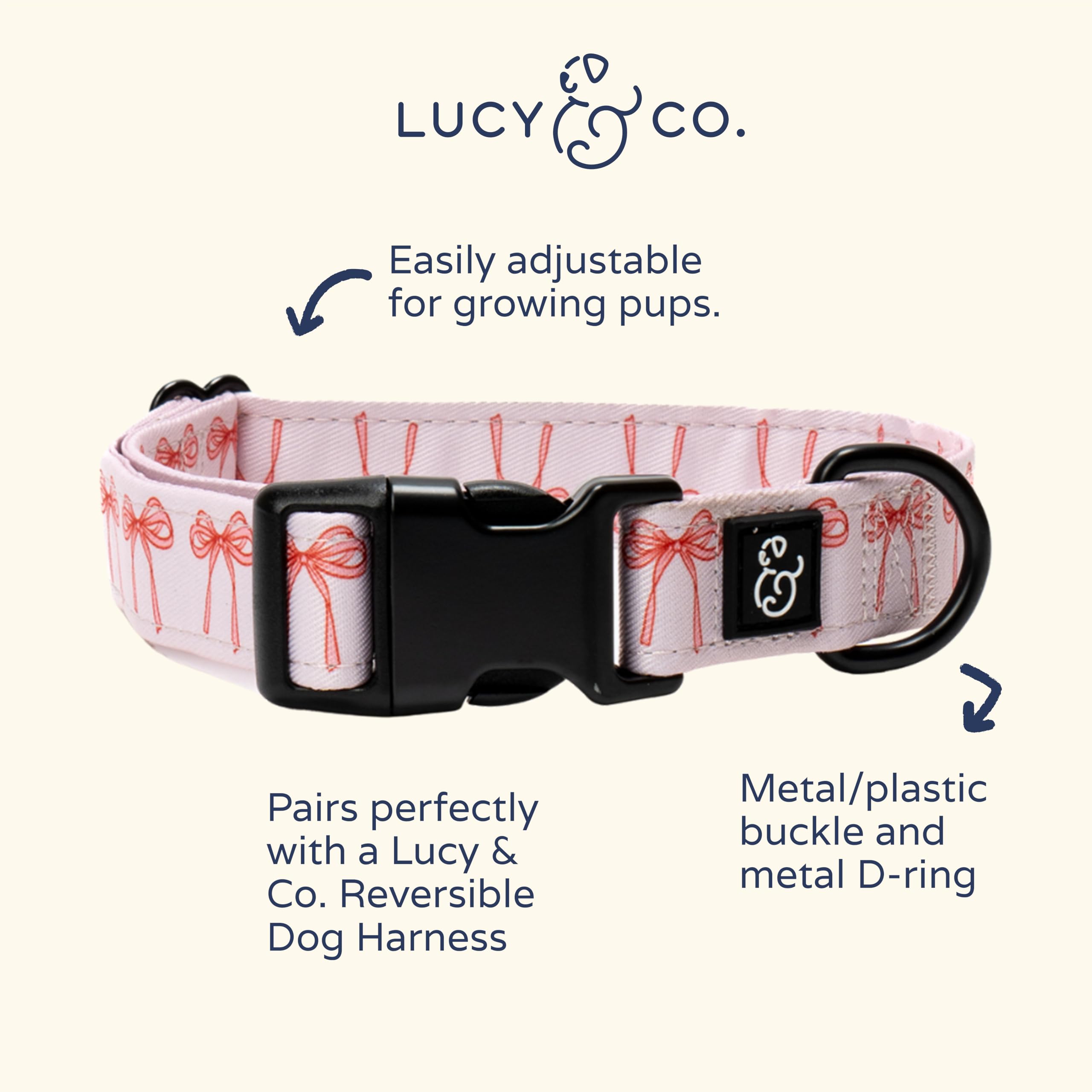 Lucy & Co. Ballet Bows Dog Collar - Durable Lightweight Designer Collar for Pets - Adjustable Metal Safety Buckle - White & Pink Bows - Large