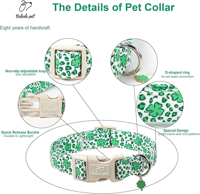 Babole Pet St Patricks Day Dog Collar for Large Dogs - Leopard Lucky Clover Dog Collars, Lightweight Adjustable Irish Green Festival Shamrock Dogs Collars with Quick Release Buckle L