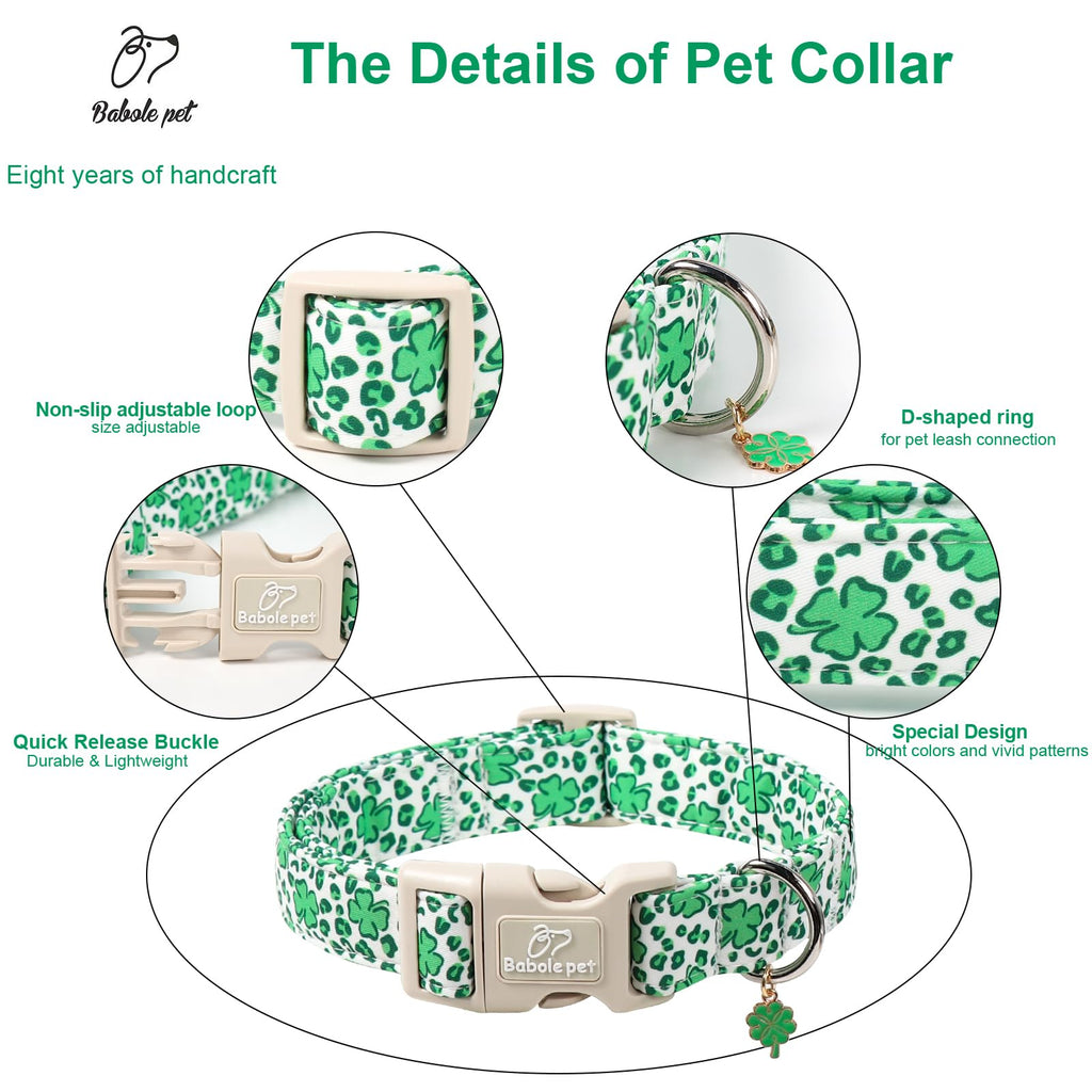 Babole Pet St Patricks Day Dog Collar for Giant Large Dogs - Leopard Lucky Clover Dog Collars, Lightweight Adjustable Irish Green Festival Shamrock Dogs Collars with Quick Release Buckle XL