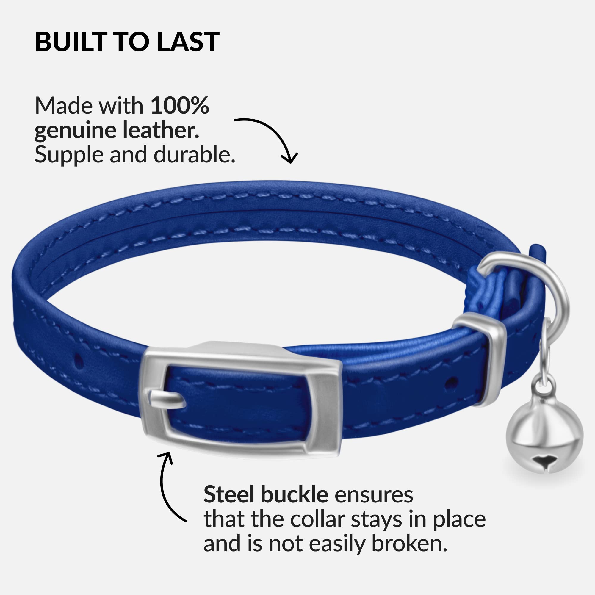 Soft Leather Cat Collar with Safety Elastic Strap - Navy Blue