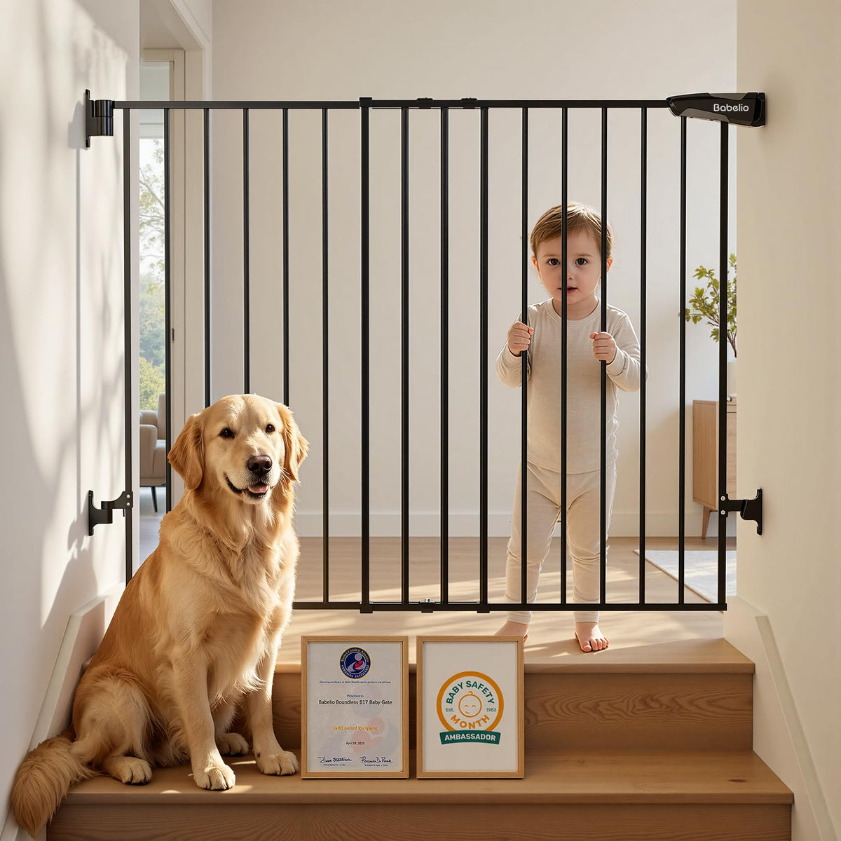 Babelio Baby Gate for Stairs, Kitchen & Doorways, No Bottom Bar| Easy Install| One-Handed Operation| Auto-Close| Hardware Mount Safety Dog Gate (Black - B17, 34" H, 26-43" W-Standard 2 Pcs)