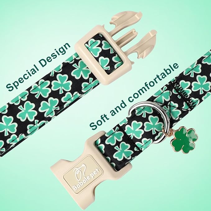 Babole Pet St Patricks Day Dog Collar for Large Dogs - Green Lucky Shamrock Boy Dog Collars, Irish Clover Pattern Black Male Puppy Collar with Quick Release Buckle L