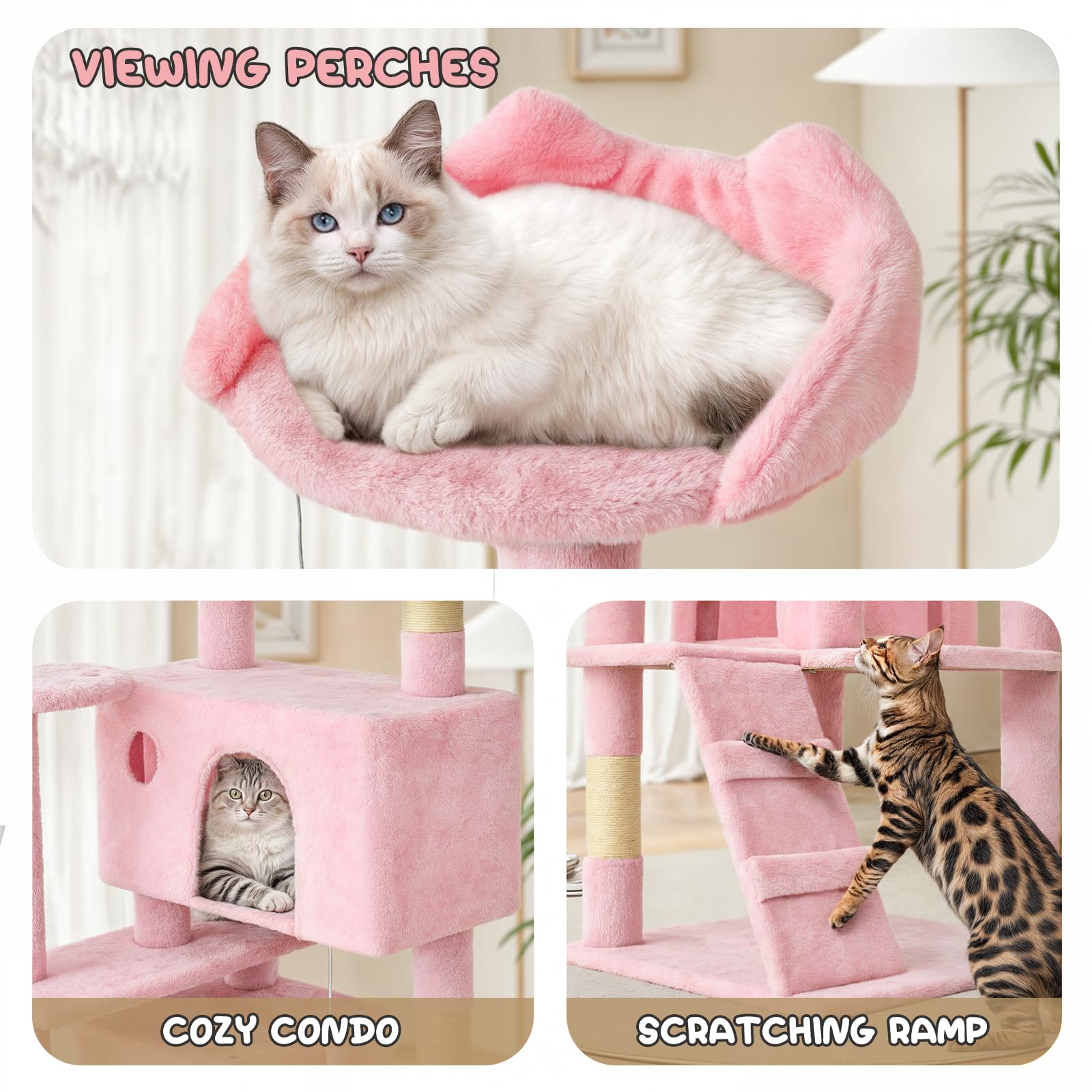 MoNiBloom 54 Inch Cat Tree Tower for Indoor Cats Large Adults, Pink Cat Tower with Scratching Post, Multi-Level Furniture Activity Center with Cat Condo Pet Play House, Soft Pink