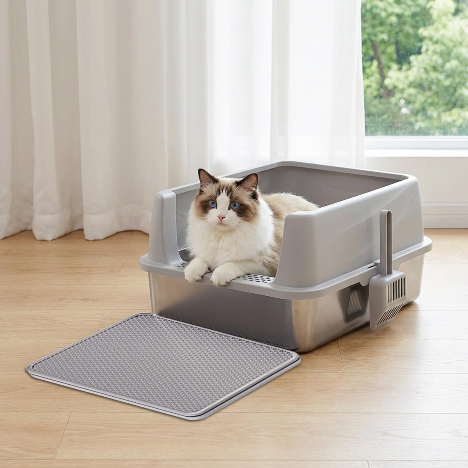 Henkelion Stainless Steel Cat Litter Box with Lid, Extra Large Litter Box for Big Cats with High Sided, Non-Sticky, Anti-Urine Leakage, Easy Cleaning, Include Cat Mat and Scoop with Holder (S)