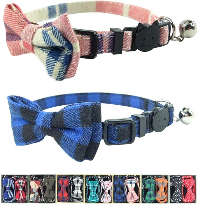 Cat Collar Breakaway with Bell and Bow Tie, Plaid Design Adjustable Safety Kitty Kitten Collars(6.8-10.8in) (Green Plaid)
