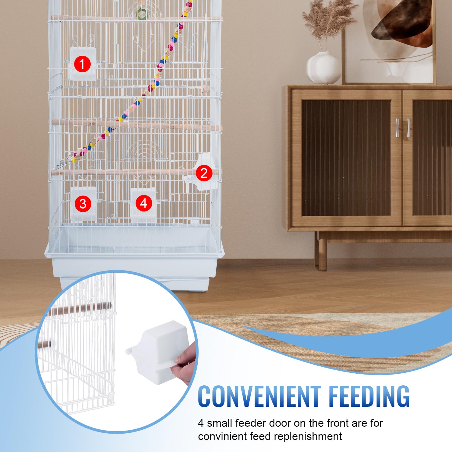 FDW 39 Inch Bird Cage Parakeet Cage with Play Top Rolling Stand & Easy Clean Pull-Out Tray Roof Top Parrot Cage for for Finches Canaries Parakeets Cockatiels & Other Small Birds, White