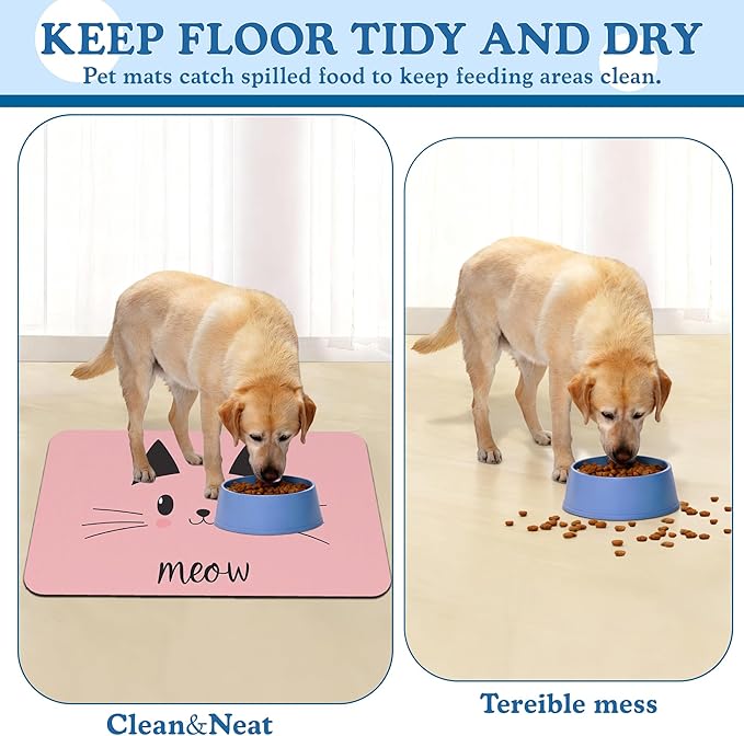 Pink Cat Meow Dog Food Mat–Absorbent Quick Dry Feeding Placemat for Food and Water Bowls, Non Slip Rubber Backing, Waterproof Pet Supplies for Mess-Free Eating 16"x24"