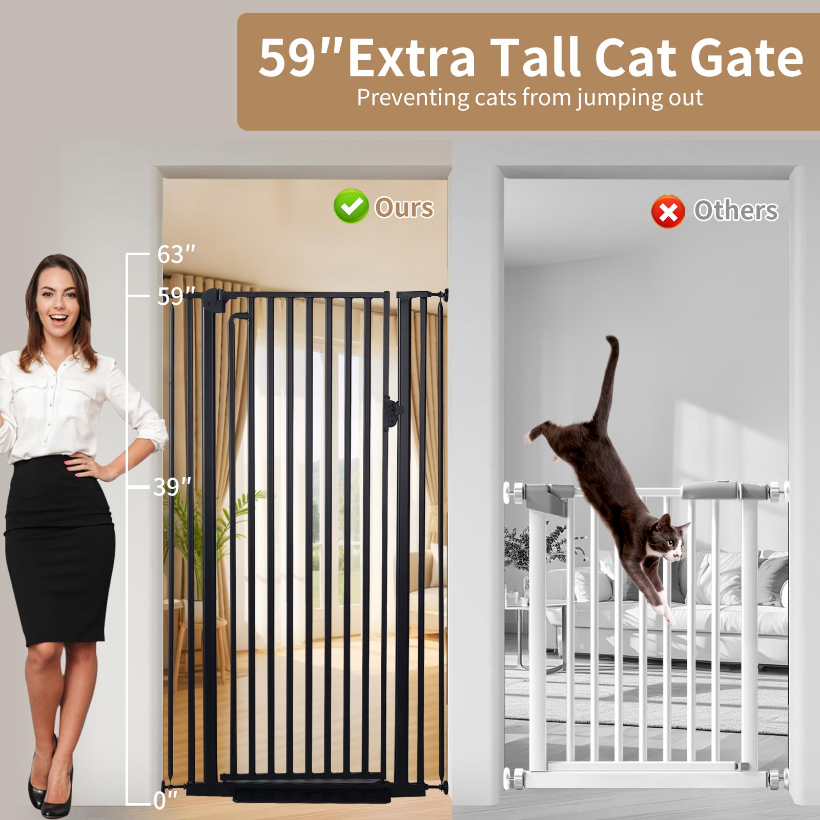 59" Extra Tall Cat Gate for Doorway, 29.4-33.4" Wide, Black