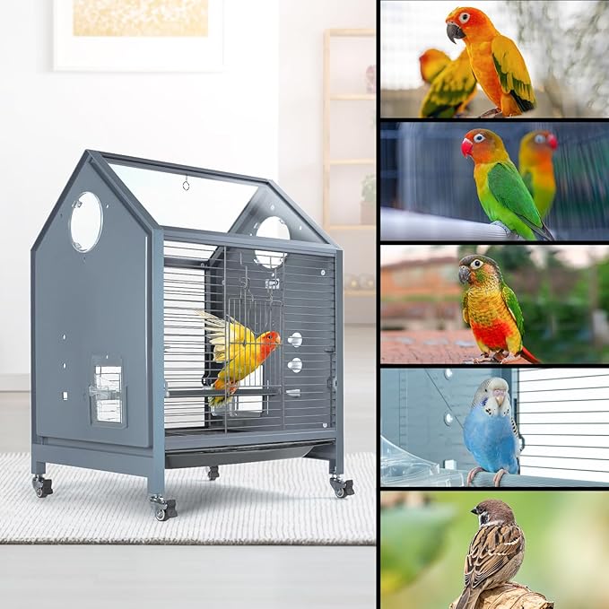 SUKEOPET Acrylic Bird Cage, 25 inch Medium Parrot Cage for Parakeet Cockatiel Conure Lovebird, Panoramic View Bird Cage with Water Bottle Bird Feeder Perch Rolling Stand