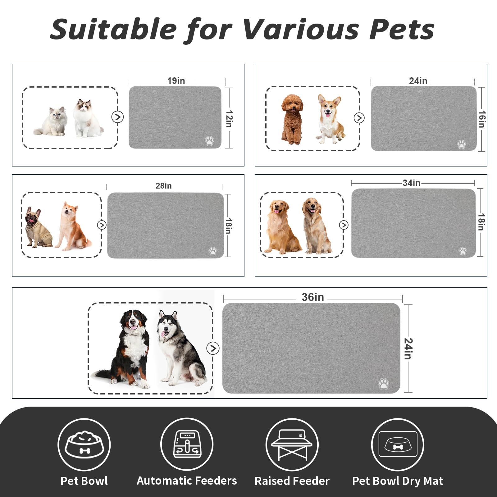 HotLive Dog Food Mat - Absorbent Cat Mat for Food and Water, No Stains Pet Feeding Bowl Mat, Easy to Clean Pet Placemats, Quick Dry Dog Water Dispenser Mat for Messy Drinkers | Paw Grey 12"x 19"