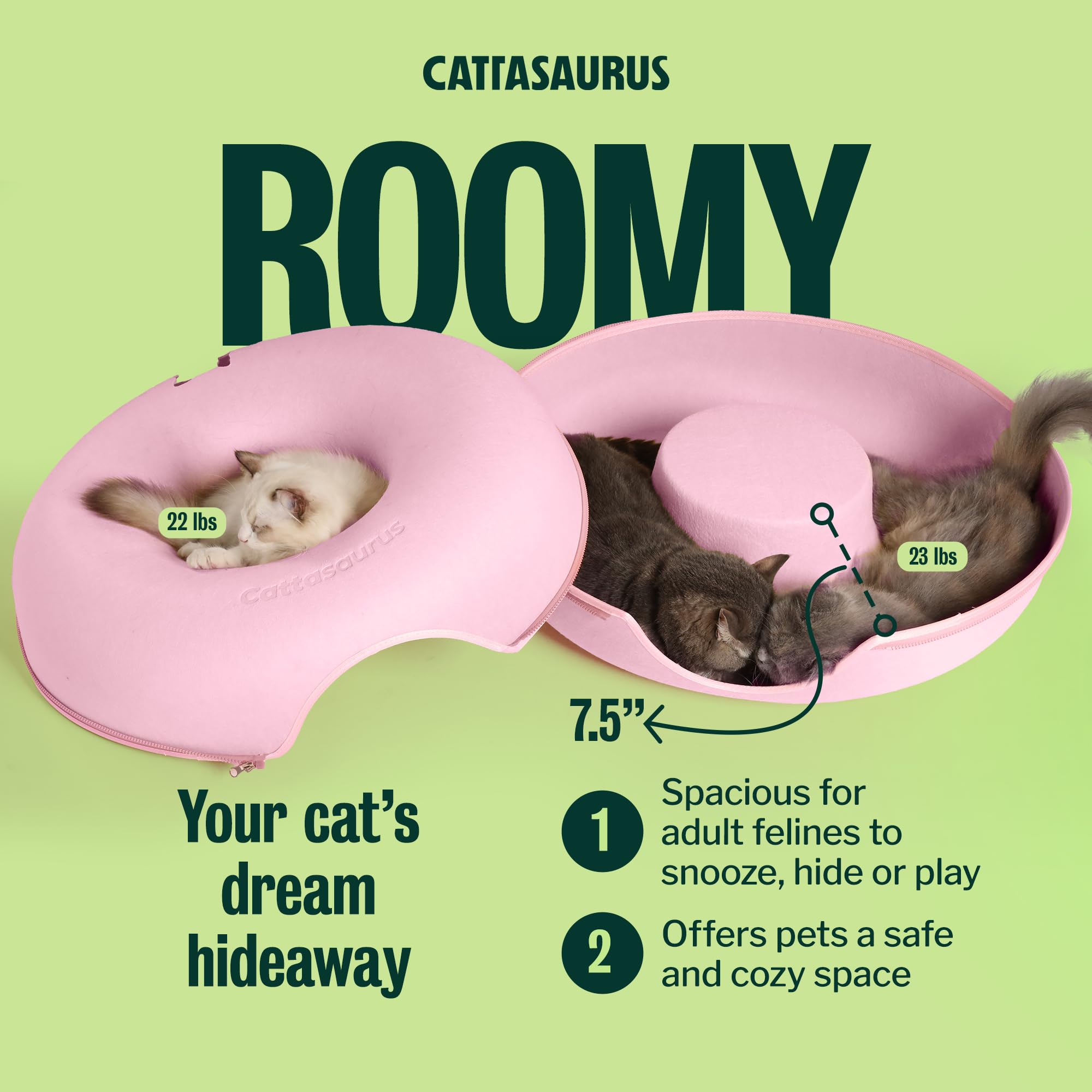 Cattasaurus Peekaboo Cat Cave Donut for Multiple & Large Cats up to 30-45 lbs, 3-in-1 Self Warming Cat Bed, Tunnel & Scratcher for Indoor Cats, Washable & Detachable Small Dog Bed (Pink, Large)