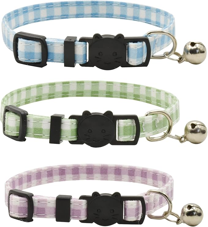 Breakaway cat Collars with Bell, Set of 3, Durable & Safe Cute Kitten Collars Safety Adjustable Kitty Collar for Cat Puppy 7.5-11in (Green,Black)