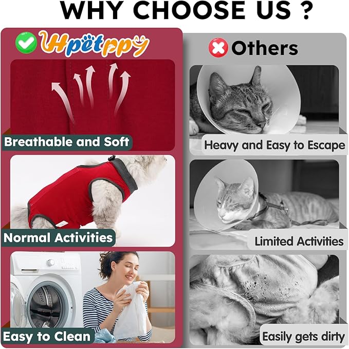 Hpetppy Cat Recovery Suit, Breathable Cat Surgery Recovery Suit Female, Kitten Onesie for After Surgery Spay Surgical Abdominal Wound Skin Diseases Cone of Shame Alternative (Red,S)
