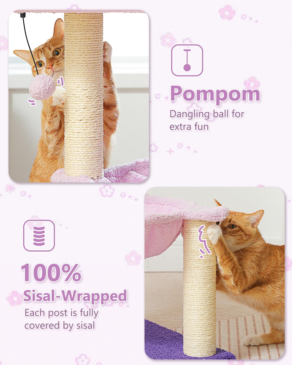 MUTTROS Flower Cat Scratching Post, 28" Cute Cat Tree Tower for Indoor Cats with Large Hammock Soft Perch Bed, Replaceable Toy Ball for Kittens, Purple