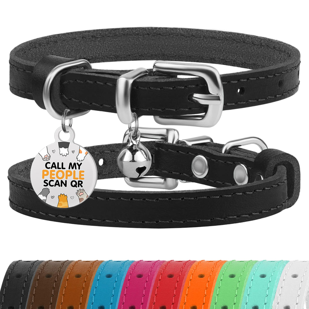 BRONZEDOG Leather Cat Collar with Removable Bells Non Breakaway Kitten QR Tag for Girl Boy (7" - 9" for Cats, Black & Silver)