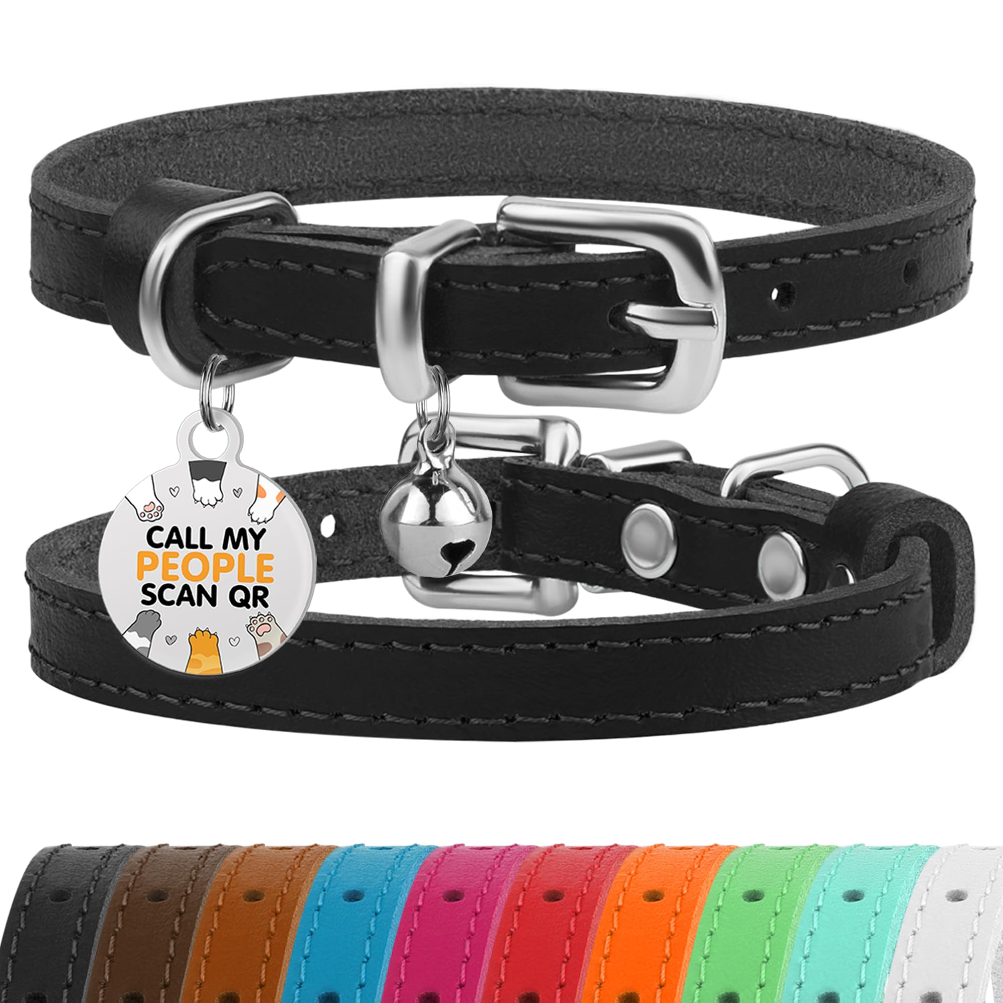 BRONZEDOG Leather Cat Collar with Removable Bells Non Breakaway Kitten QR Tag for Girl Boy (7" - 9" for Cats, Black & Silver)