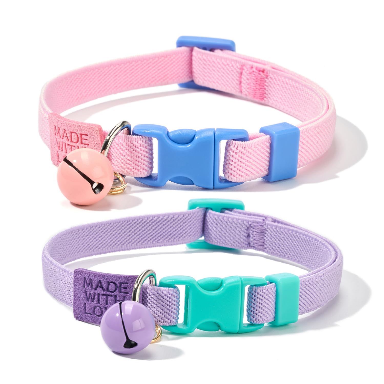 YUDOTE Elastic Cat Collar 2 Pack of Safety Quick Release Cat Collars with Bell Anti-Suffocation Kitten Puppy Collars(Pink+Lilac)