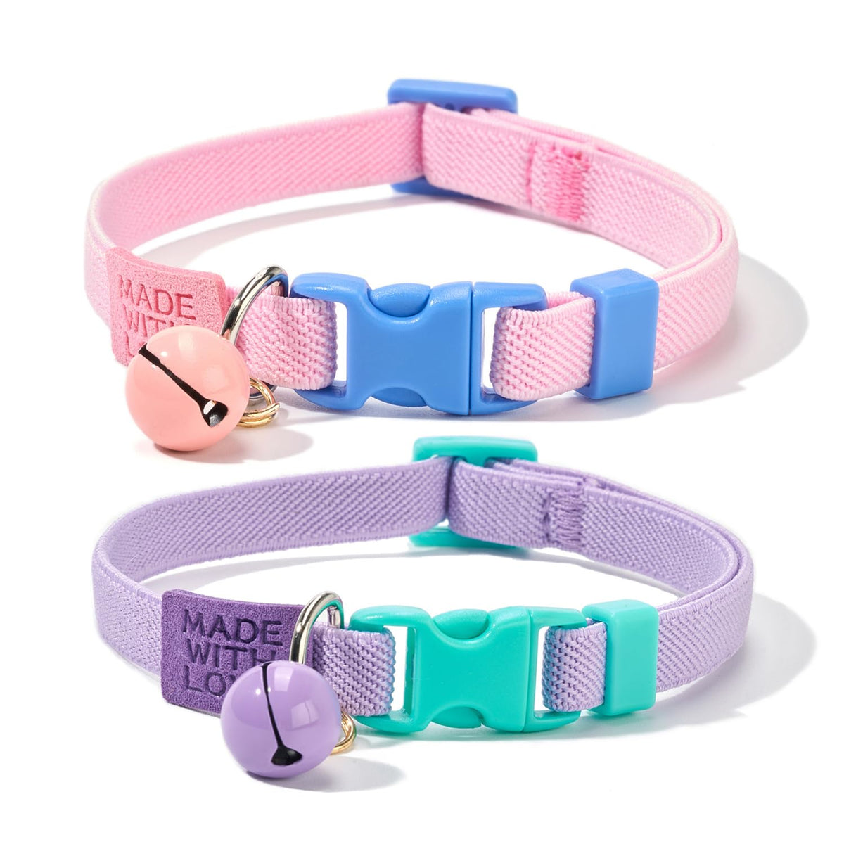 YUDOTE Elastic Cat Collar 2 Pack of Safety Quick Release Cat Collars with Bell Anti-Suffocation Kitten Puppy Collars(Pink+Lilac)