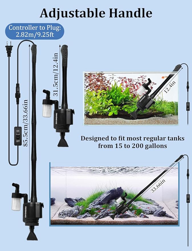 Gravel Vacuum for Aquarium, 6 in 1 Fish Tank Cleaner Tool Kit Electric Vacuum Gravel Cleaner for Aquarium Automatic Water Change, Wash Sand, Water Circulation,With Filter Cup, Hose Clamp (370GPH 22W)