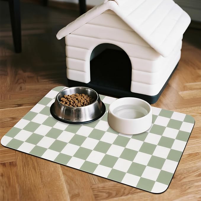 Checkered Dog Food Mat, Absorbent Leak-Proof Pet Feeding Mat, Quick Dry Cat Food Mat for Messy Drinkers 16" x 24" Green