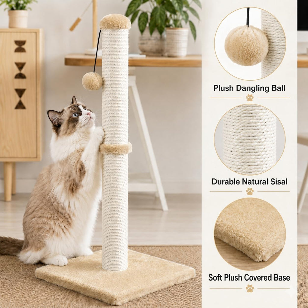Dimaka 29" Height Tall Cat Scratching Post, Claw Scratcher with Sisal Rope and Covered with Soft Smooth Plush, Vertical Scratch [Full Strectch] for Standard Size Cats (Light Brown, 29 inches)