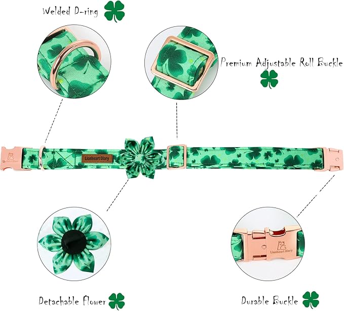 Lionheart Glory St. Patrick's Day Dog Collar, Dog Collar with Flower, Cute Floral Pattern Pet Collars Adjustable Pet Collars for X-Small Dogs