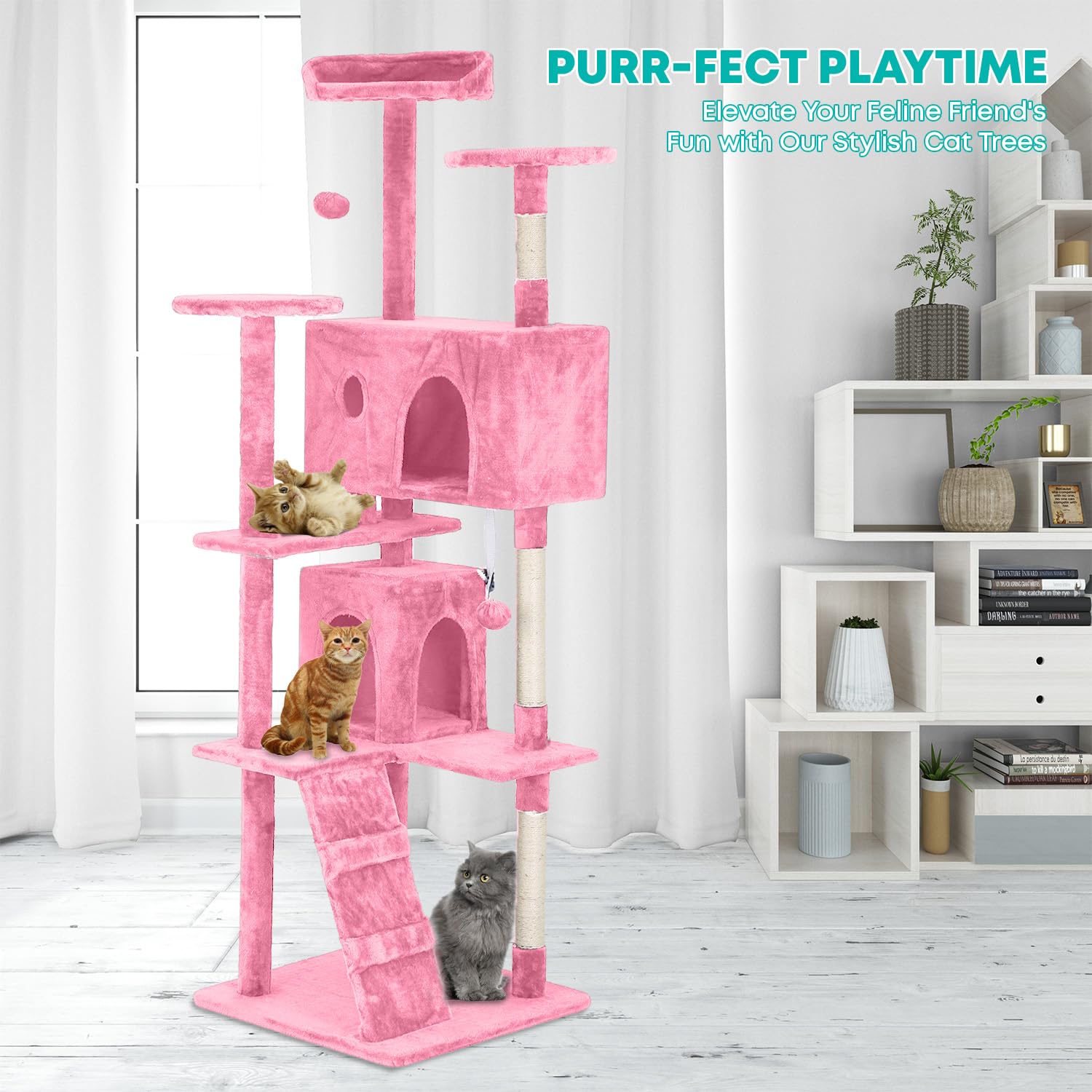 FDW | 70" Cat Tree Tower | Pink | Multi-Level Indoor Activity Center with Sisal Scratching Posts, Condos, Plush Perches, Hanging Cat Toys | Sturdy, Easy to Assemble | for Kittens & Adult Cats