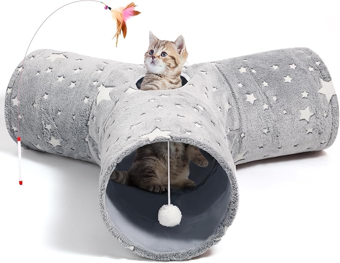 Tempcore Cat Tunnel for Indoor Cats, 3 Way Collapsible Pet Play Tunnel with Teaser Wand, Peek Holes & Hanging Ball, Interactive Tube for Kittens & Rabbits