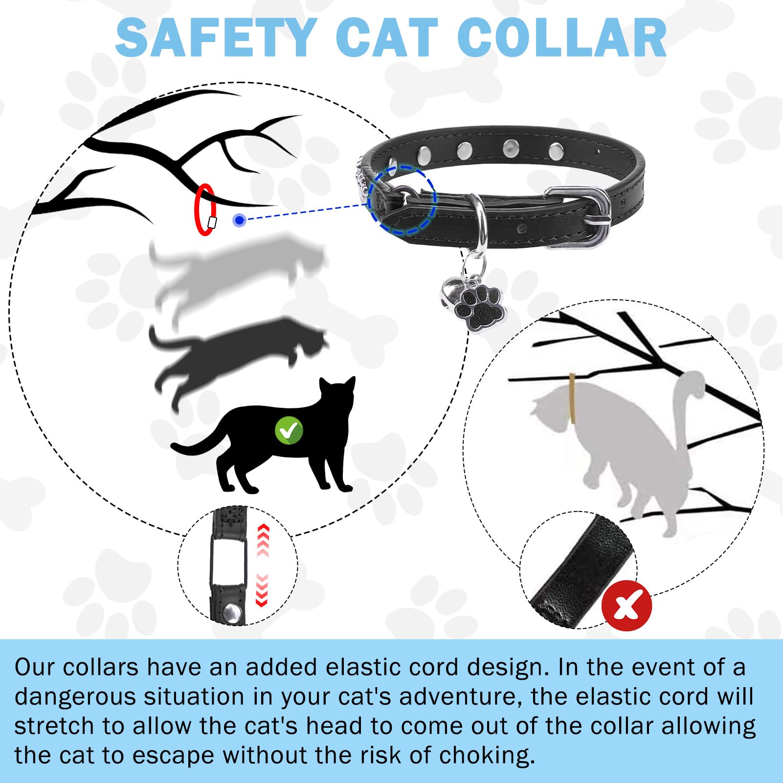 SCENEREAL Leather Cat Collar with Bell and Rivet, Personalized Stud Pet Collars with Safety Elastic Belt and Cute Paw Charm, Adjustable Soft Kitten Puppy Accessories for Boys Girls Cats, Black