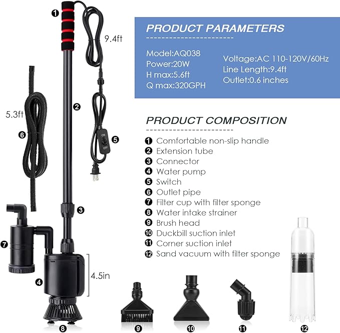AQQA 6-in-1 Electric Aquarium Gravel Cleaner, 320GPH 20W Fish Tank Vacuum