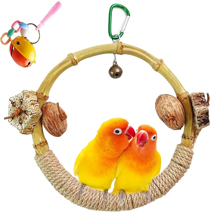 MUYG Bamboo Ring Bird Swing Perch,Large Circle Cage Hanging Toys,Bird Perch Climbing Toy Steady Natural Birds Hemp Rope Swings for Budgie,Cockatiels,Conures,Finches,Small Parakeets