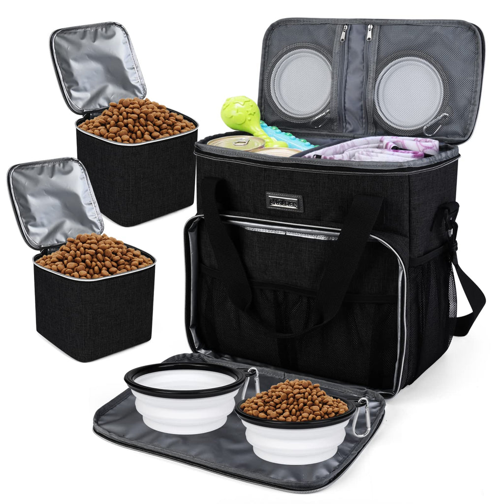 BAGLHER Dog Travel Bag, Pet Travel Bag (ALL Pet Travel Supplies), With 2 Pet Food Containers and 2 Collapsible Silicone Bowls; Essential Kits for Travel Black