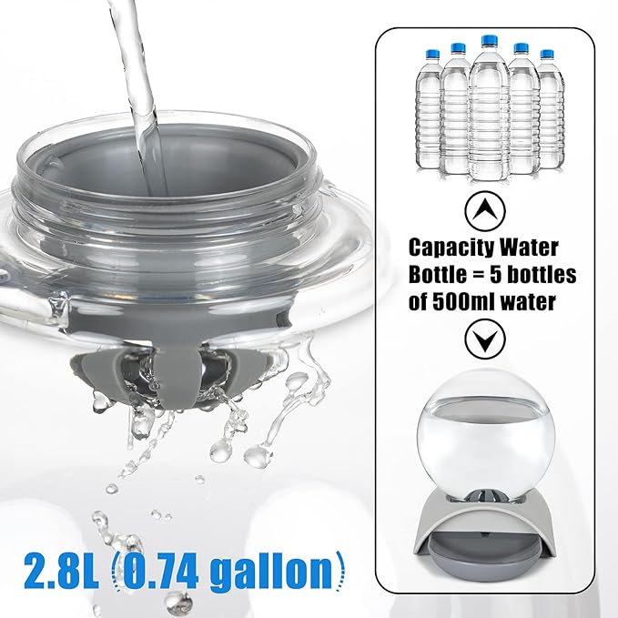 Vayugo Pet Water Dispenser, 2.8L Automatic Gravity Cat Water Dispenser for Cats, Dogs & Rabbit, Detachable Cat Dog Water Dish Feeder with Spherical Waterer Bubble, Grey