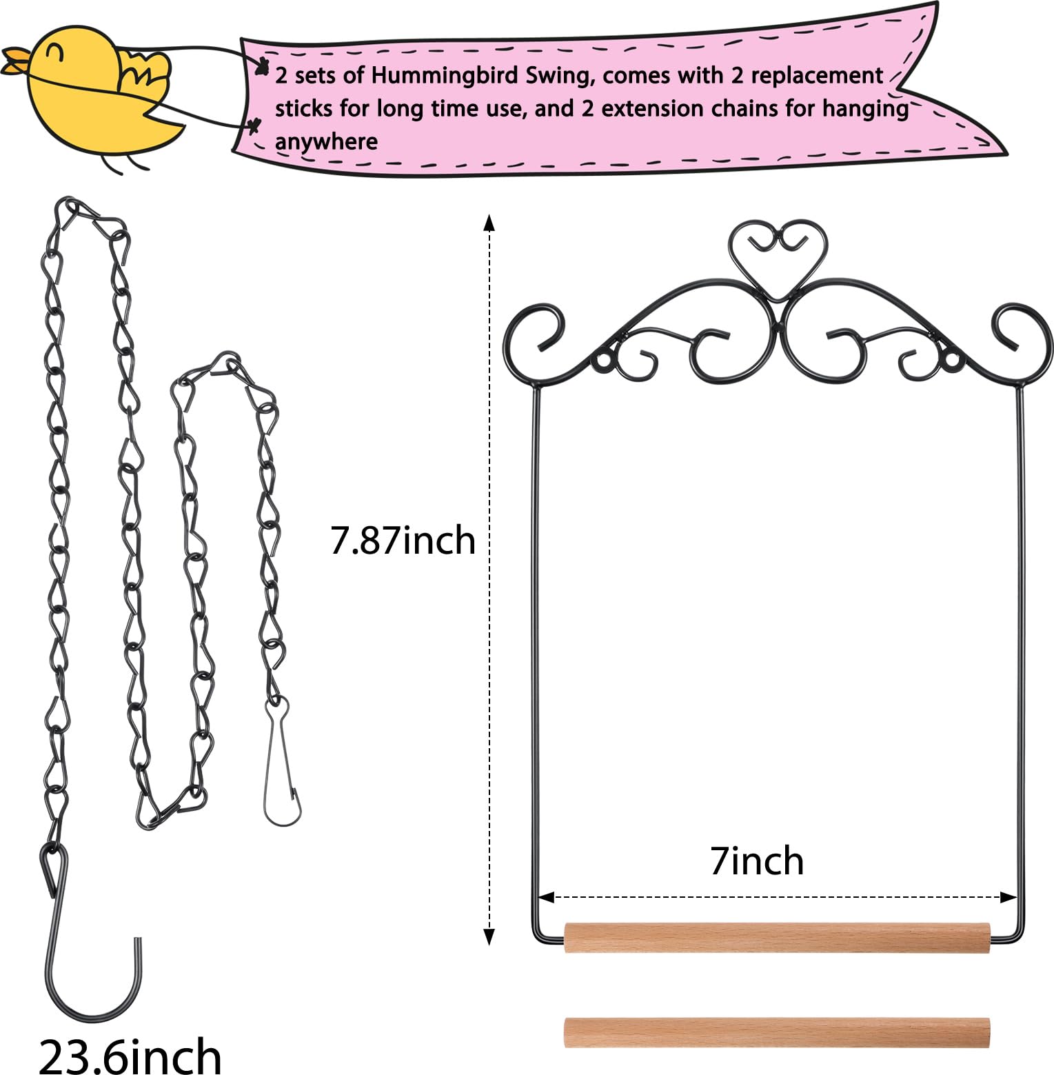 Hotop 2 Pcs Hummingbird Swings and Perches Metal Frame Bird Swing with 2 Replacement Wooden Dowel and 2 Hanging Chain for Outdoor Bird Feeders, Planters, Lanterns Ornaments(Black)