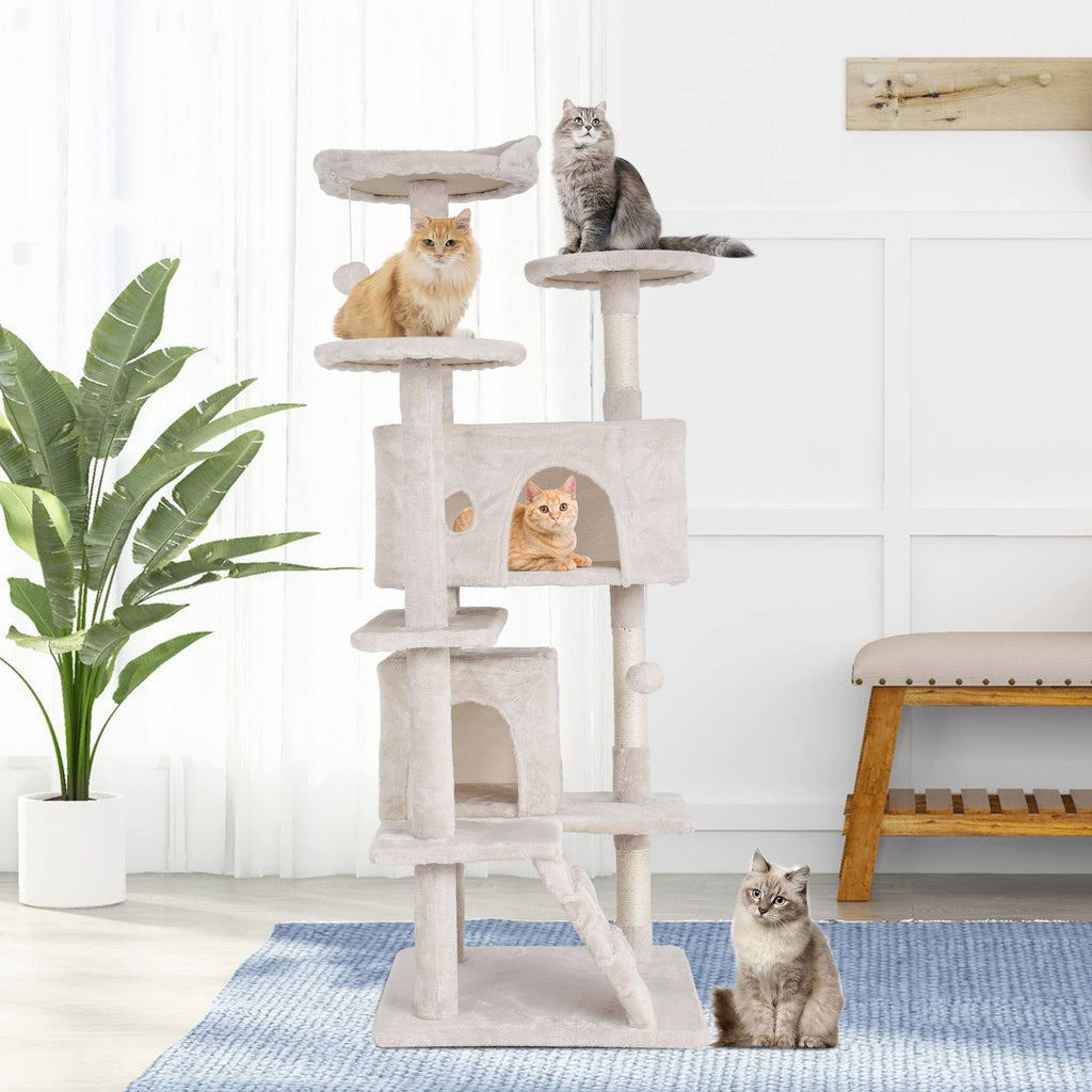 GINMAON Cat Tree for Indoor Cats, Multi-Level Cat Tower with Scratching Posts & Cozy Condo, Space Saving Cat Activity Center, Durable Pet Play House (54in,Beige)