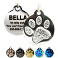 Engraved Pet Tag for Dogs and Cats - Personalized Front & Back up to 4 Lines of Text Custom Engraved ID, Round Paw Print Solid Plating Stainless Steel Silver Small