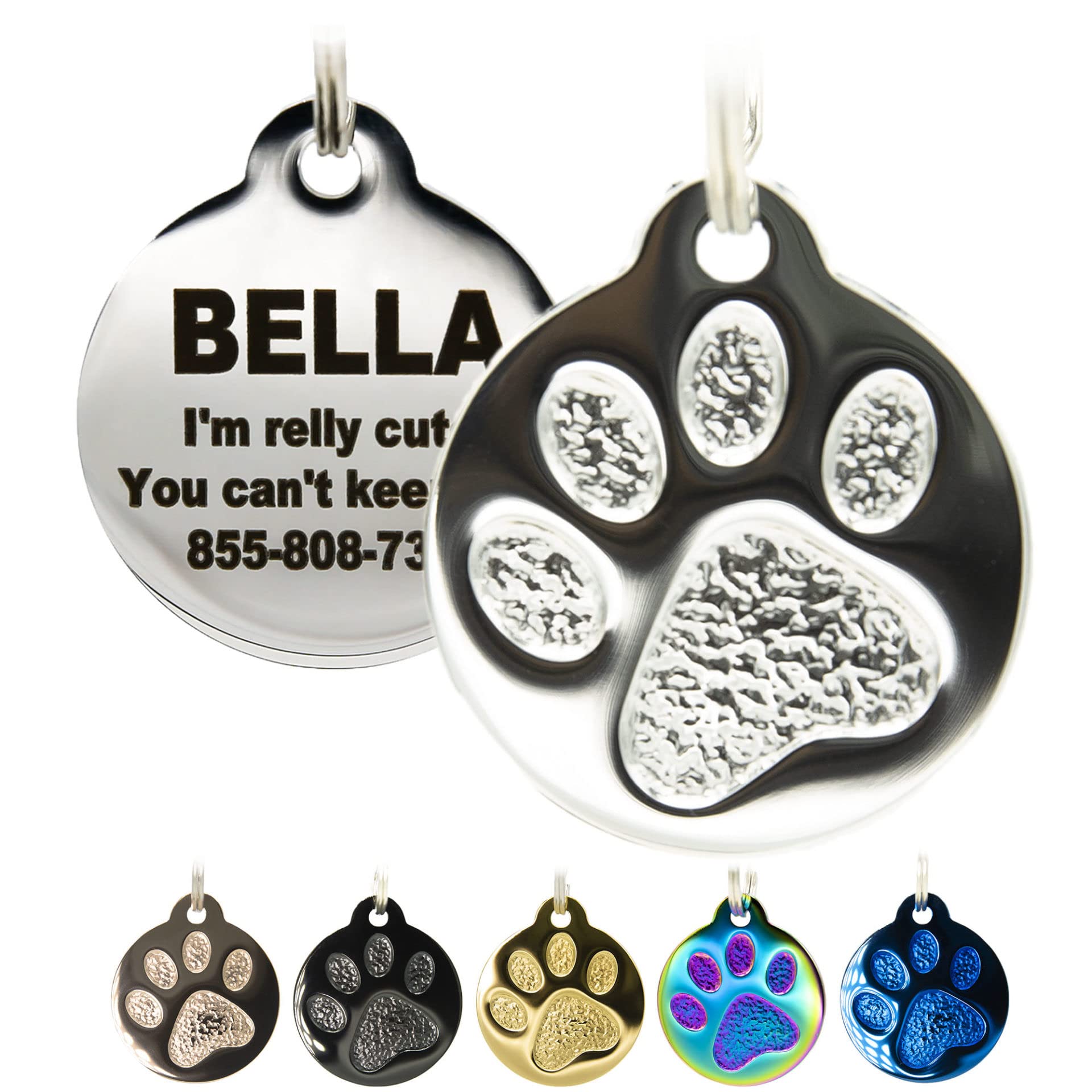 Engraved Pet Tag for Dogs and Cats - Personalized Front & Back up to 4 Lines of Text Custom Engraved ID, Round Paw Print Solid Plating Stainless Steel Silver Small
