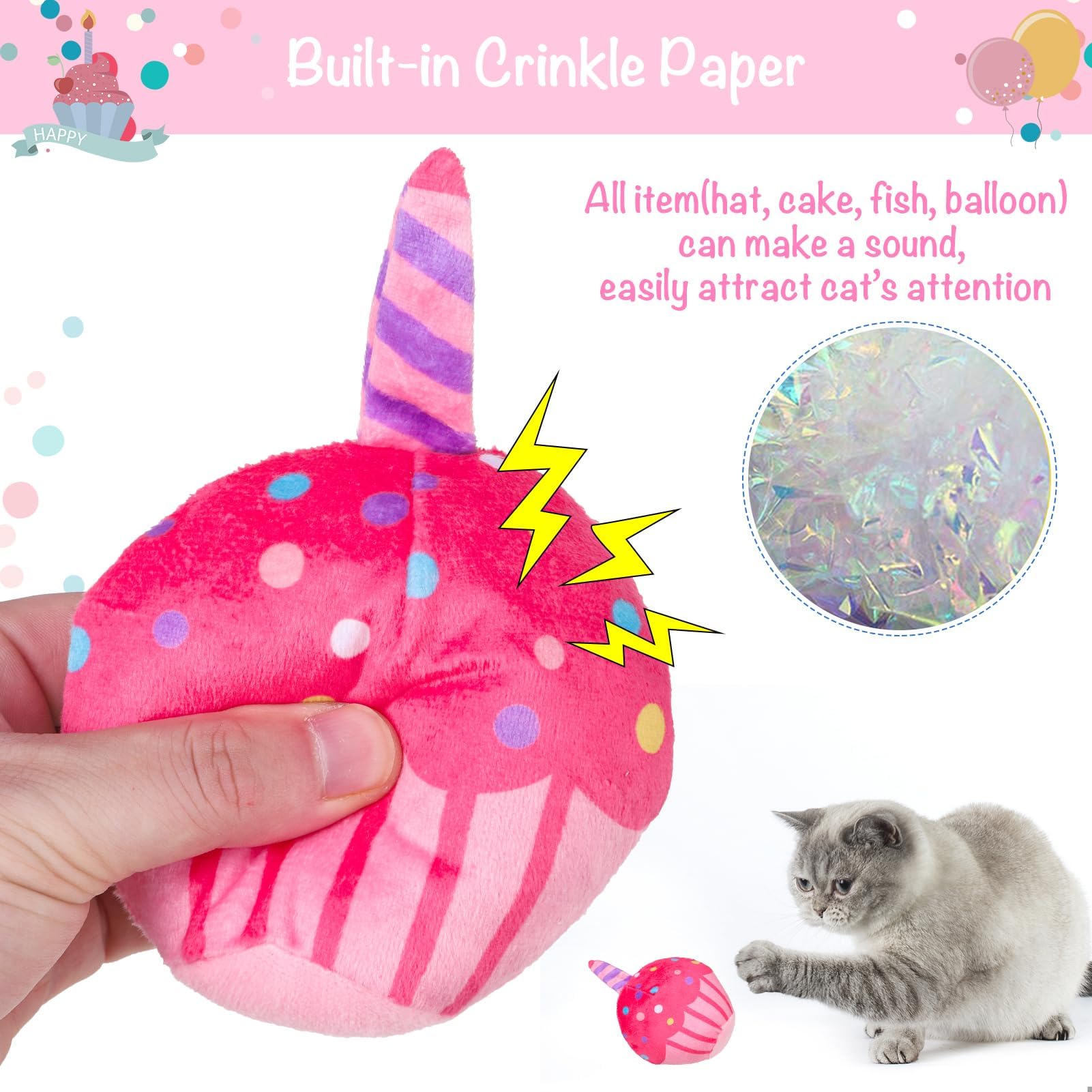 BINGPET Cat Birthday Catnip Toys for Indoor Cats, 5 Pcs Cat Birthday Gift Kitten Interactive Toys for Boy Girl Cats, Soft Plush Catmint Kitty Chew Kick Toy, Hat, Bandana, Balloon, Cake, Fish, Pink