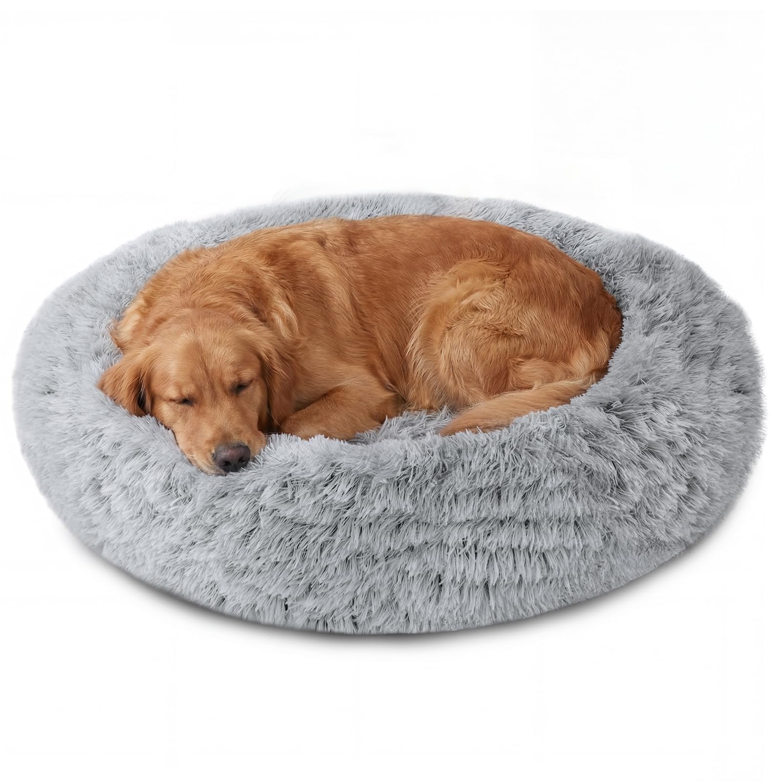 JOLLYVOGUE Calming Dog Beds Large Sized Dog, 36in Donut Washable Large Pet Bed, Anti-Slip & Anti-Anxiety Fluffy Faux Fur Round Dogs Bed, Fits up to 80 lbs Pets (Smoke Grey)